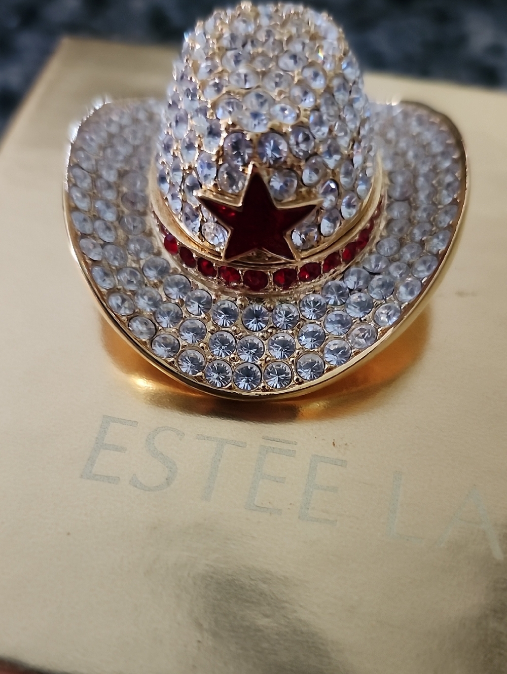 Vtg 1999 Estee Lauder "Dazzling Gold" Crystal Embellished Cowboy Hat Compact